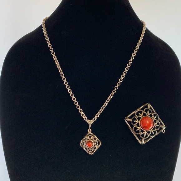 Vtg Sara Coventry Necklace Brooch Inca Fire Deamond 22” Chain 1970’s Pendant Pin - Picture 3 of 8